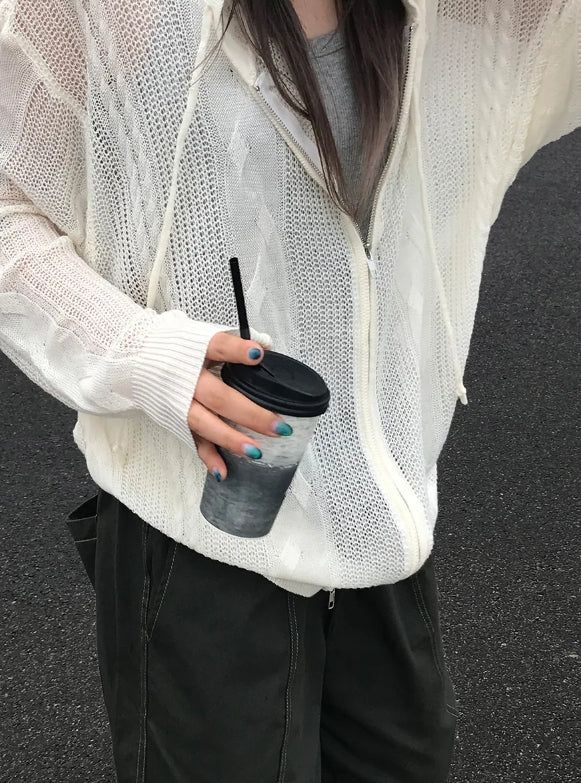 TWISTED KNIT HOOD ZIP-UP