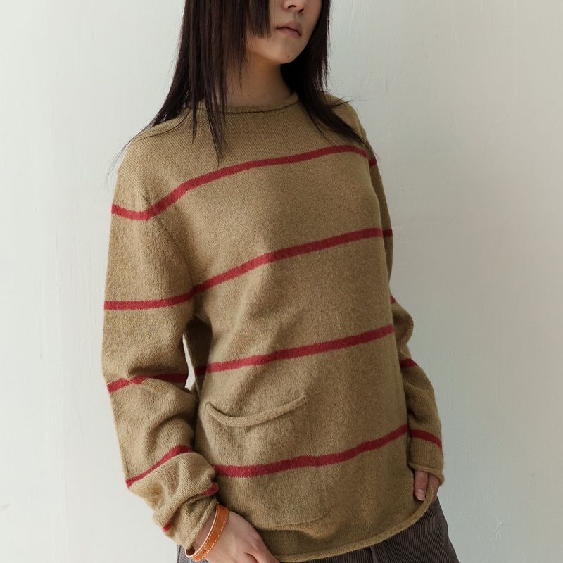 Roll-up stripe pocket knit / Beige