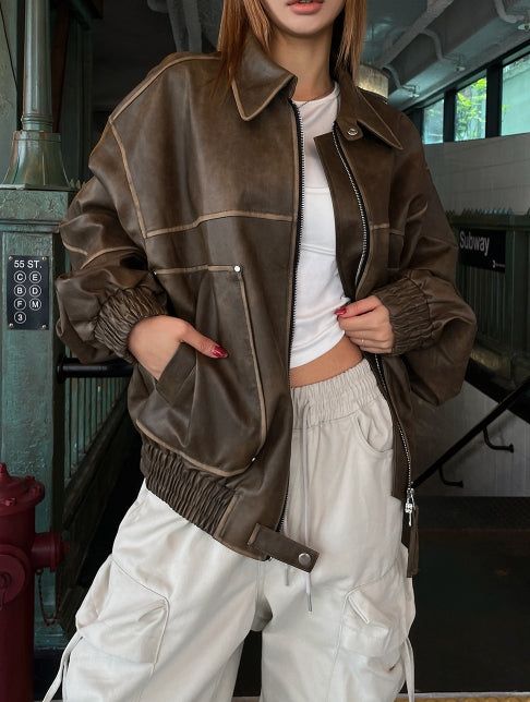 fade crack washed balloon leather jacket