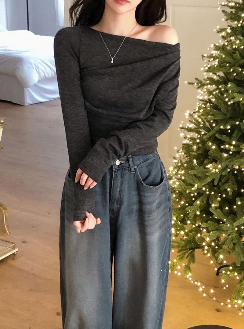 Drape Shirring One Shoulder T-Shirt (3color)