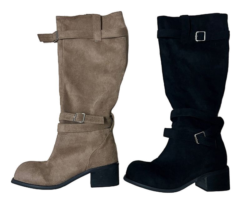 Rustle Buckle Strap Soft Slouch Suede Long Boots