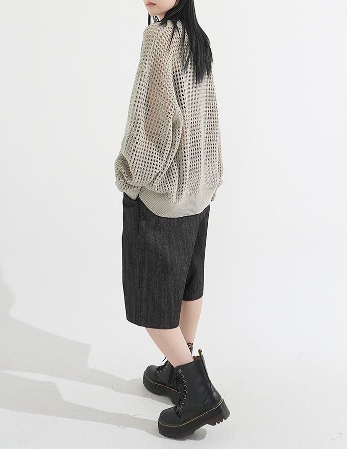 Pintuck Wide Raw Denim Bermuda Pants