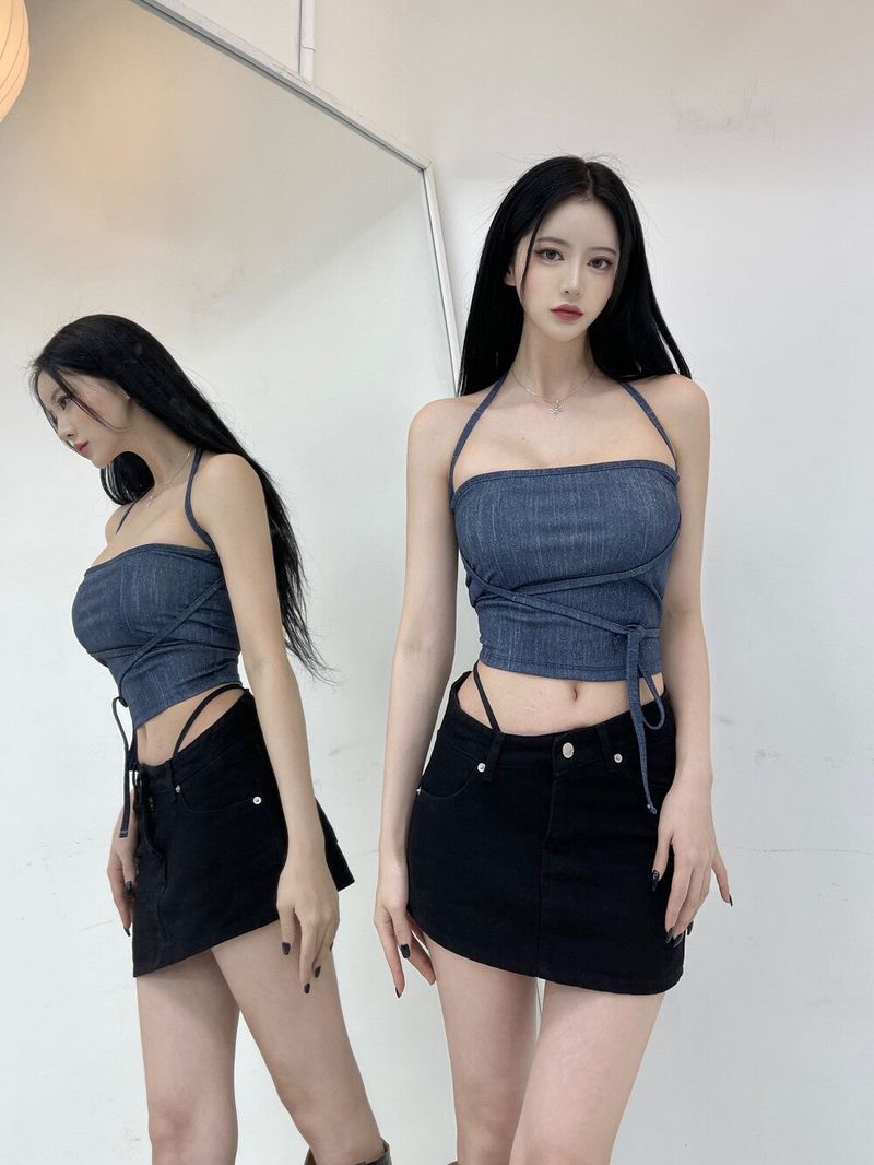 802. Denim free strap top (3color)