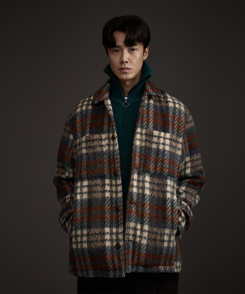 COZY HAIRY CHECK JACKET NAVY
