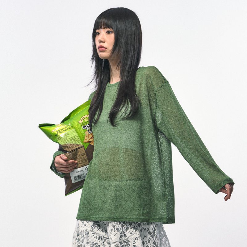 C Wear by the Genius(シーウェア バイザジーニアス)の「SEE-THROUGH LONG SLEEVE T-SHIRT GREEN(Tops)」
