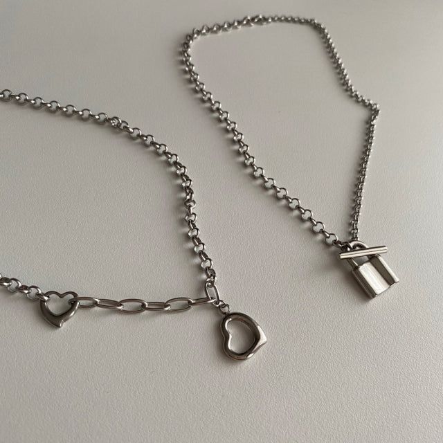 cuh Twin Heart Bold Chain Choker Long Necklace