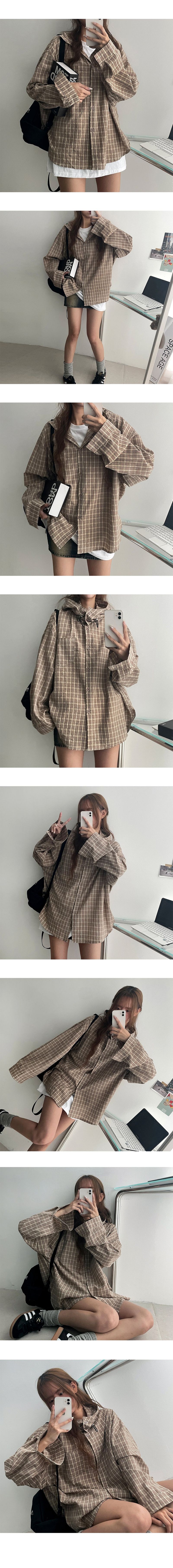 Ct High-Neck String Hooded Checkered Shirt (2 colors)