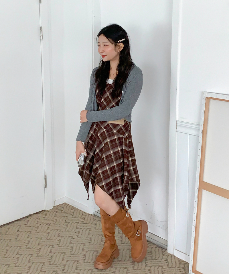 Mute Unbalanced Bustier Checkered Dress