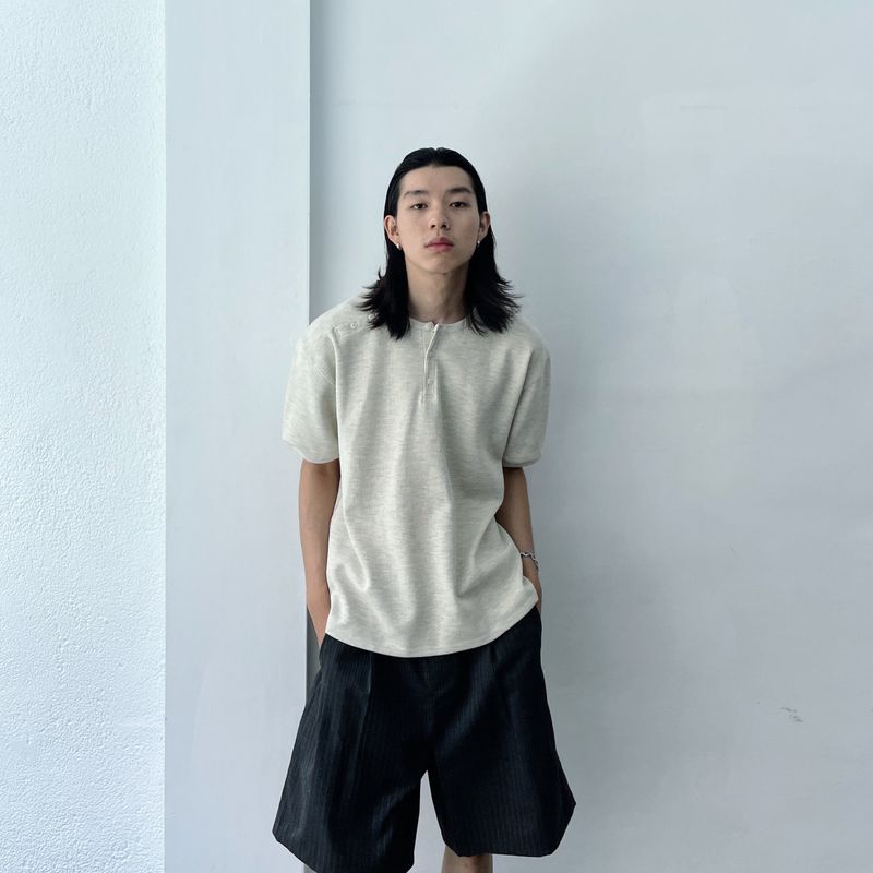 Button Shoulder Henley Waffle Tee