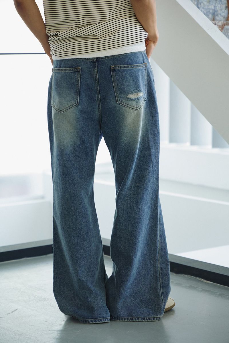 Tin washed damage flare denim pants(Blue)