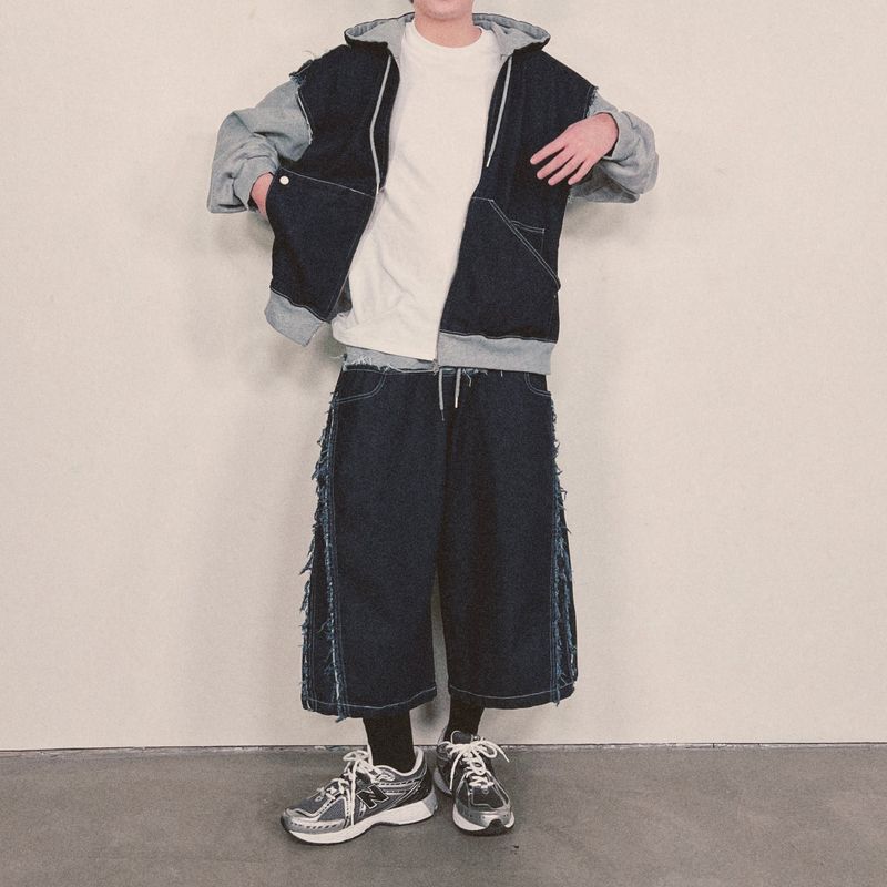 layered deconstructed denim capri shorts_blue