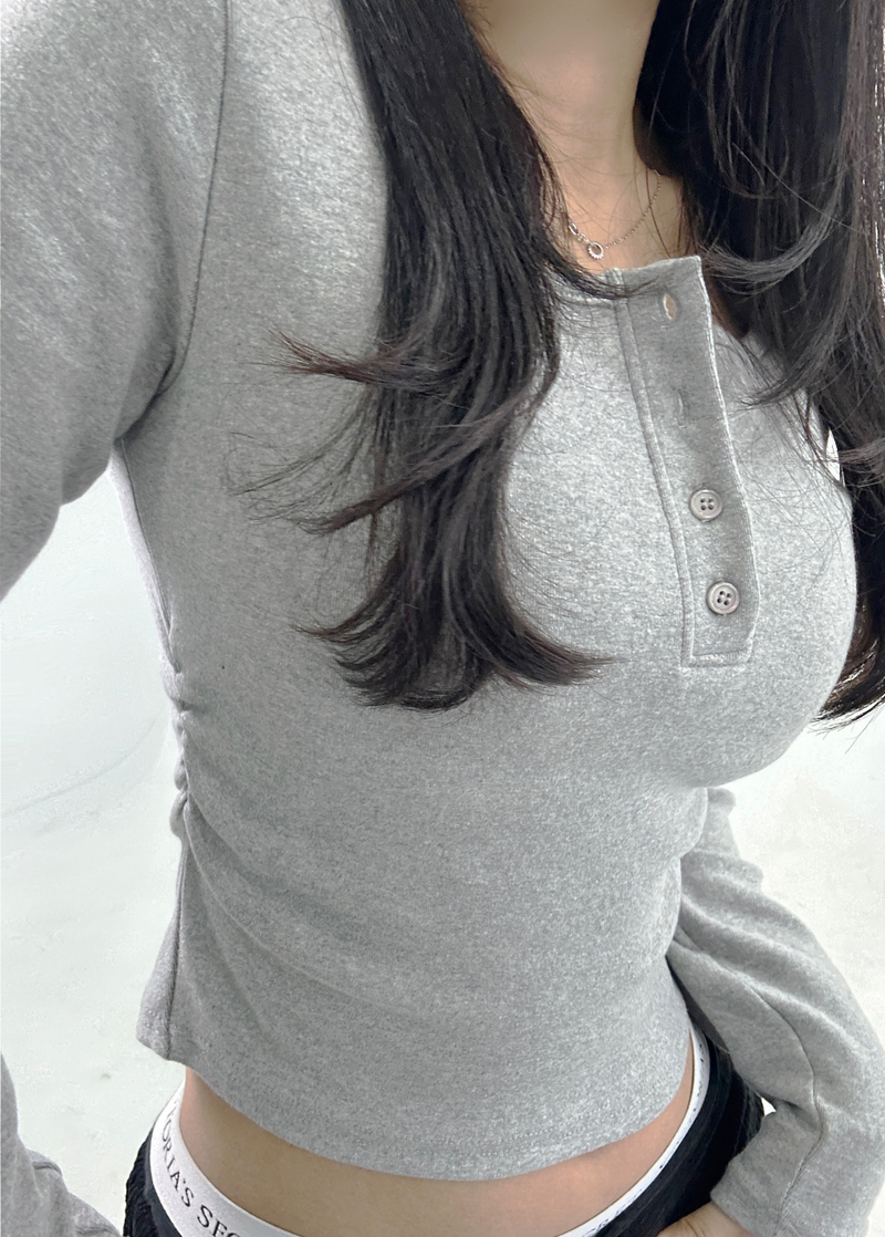 (QUALITY👍🏻) BASIC INNER SIDE SHIRRED SEMI-CROPPED LONG-SLEEVE BUTTONED TEE - 4 COLOR