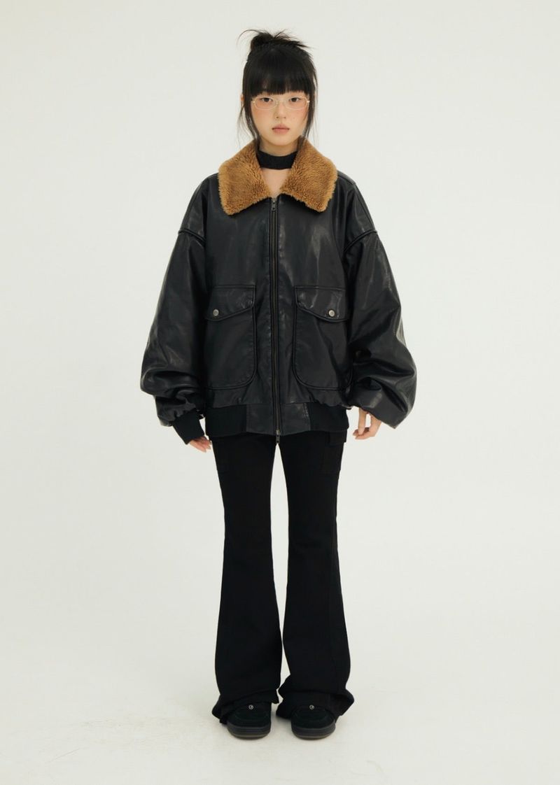 BIG POCKET FUR-COLLAR LEATHER JP BLACK