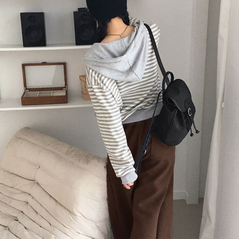 Ternet color striped two-way waffle hood zip-up