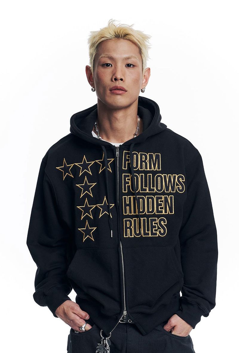 Star Lettering Patch Hoodie Zip-Up - Black