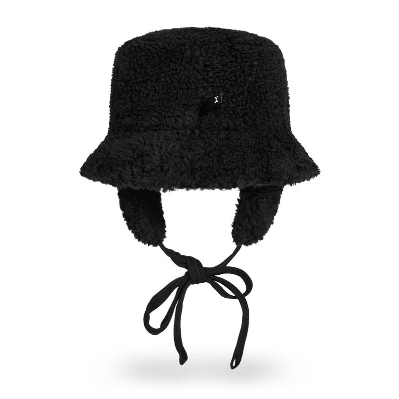 VARZAR Safety Pin Sherpa Fur Flap Bucket Hat / Black