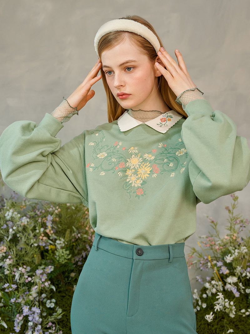 Flower Embroidered Collar Sweatshirt
