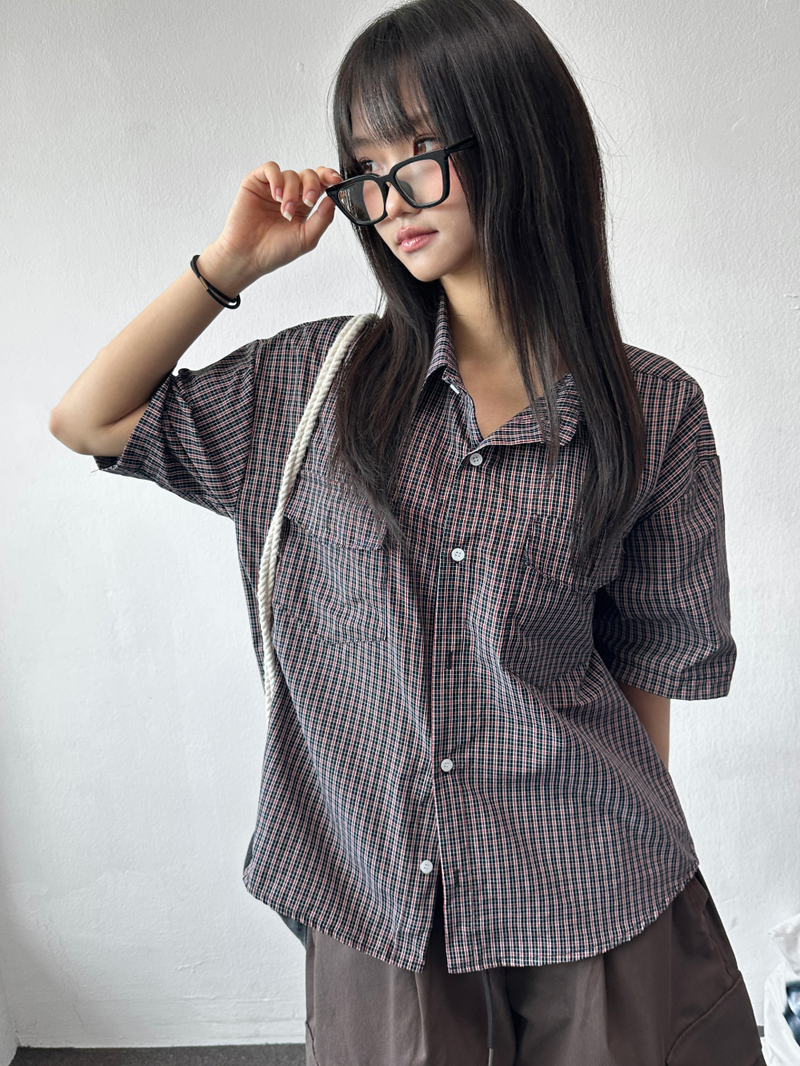 Cake Check Button Collar Short Sleeve Shirt 2 COLORS
