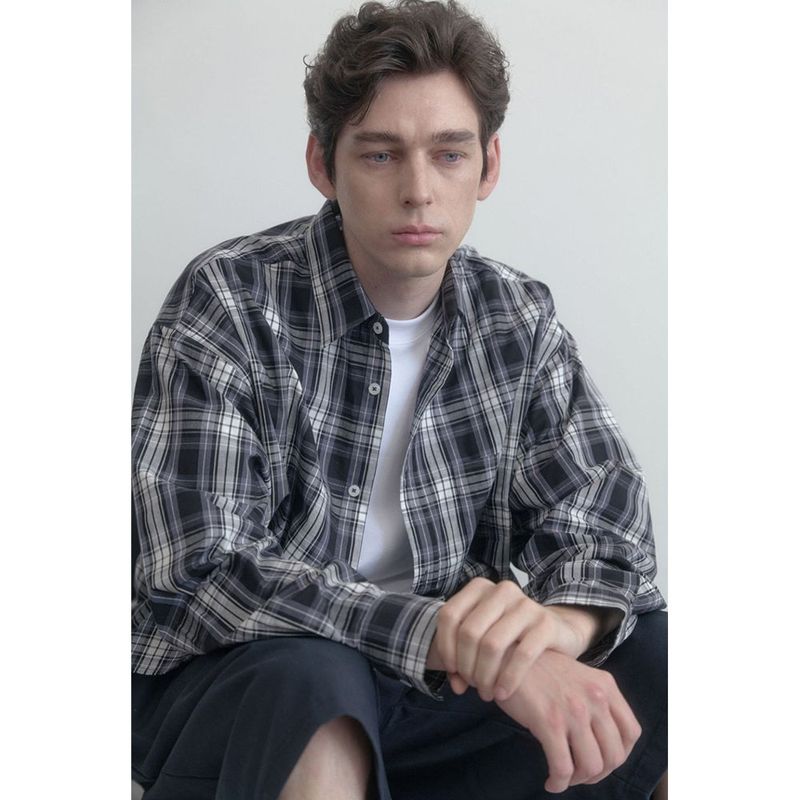 Vintage Washing gray blue check shirts