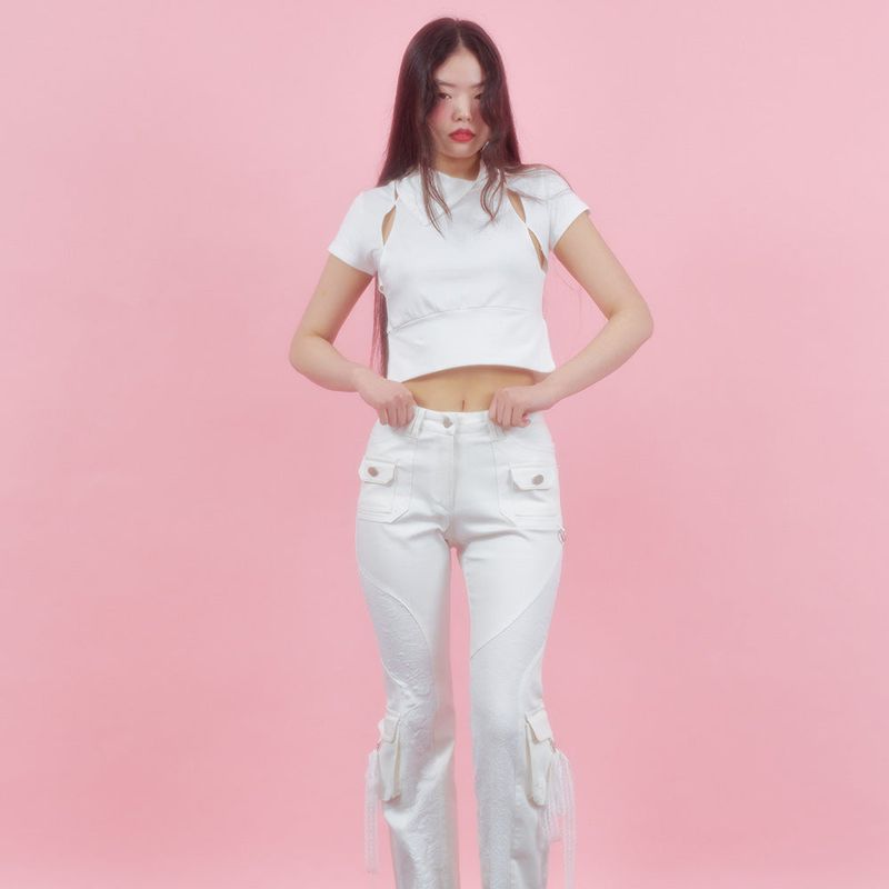 ROSE PATCH BOOT-CUT PANTS [IVORY]