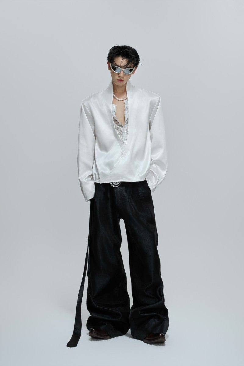 Lace V-Neck Layered Satin Blouse