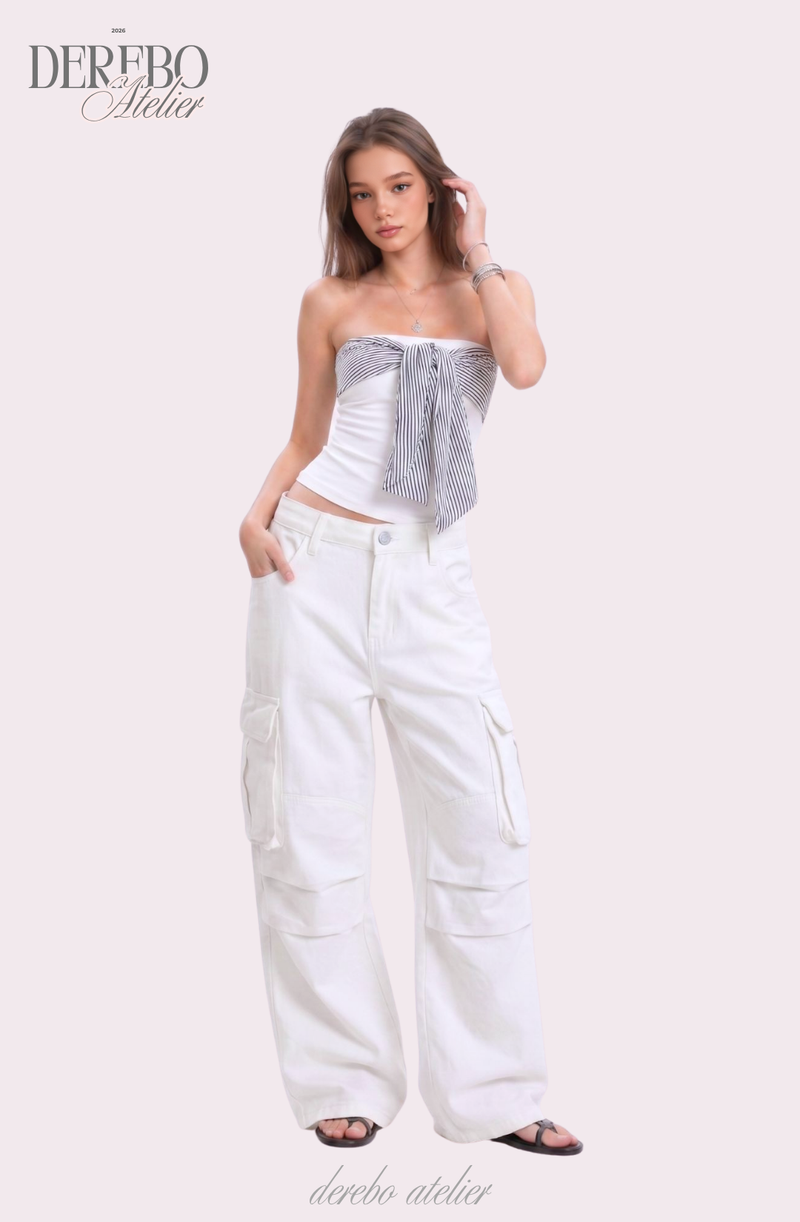 white wide pocket cotton casual pants