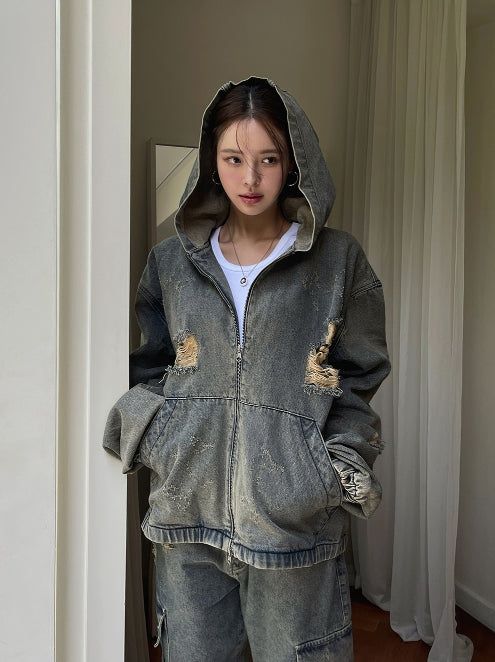 Damage Two Way Denim Hooded Jacket