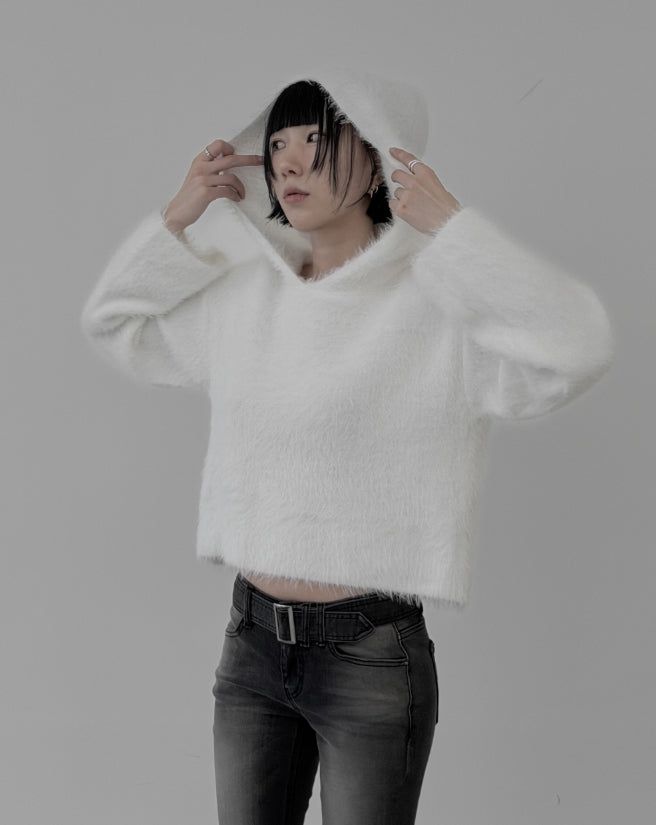 mnem（ムネム）の「Angora Fur Crop Hooded Sweatshirt（Tops）」