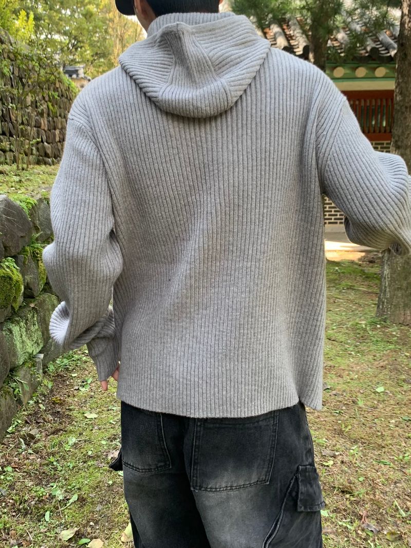 Rib Hood Half Zip-Up Knit
