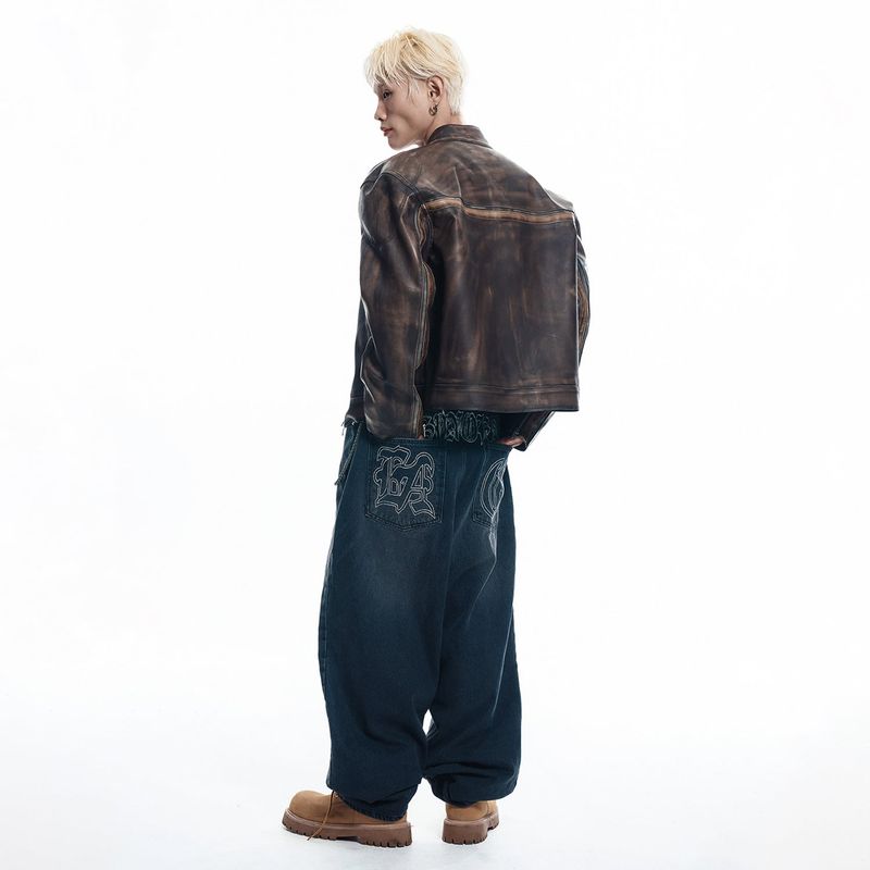 Lettering Wide Denim Pants - BLACK