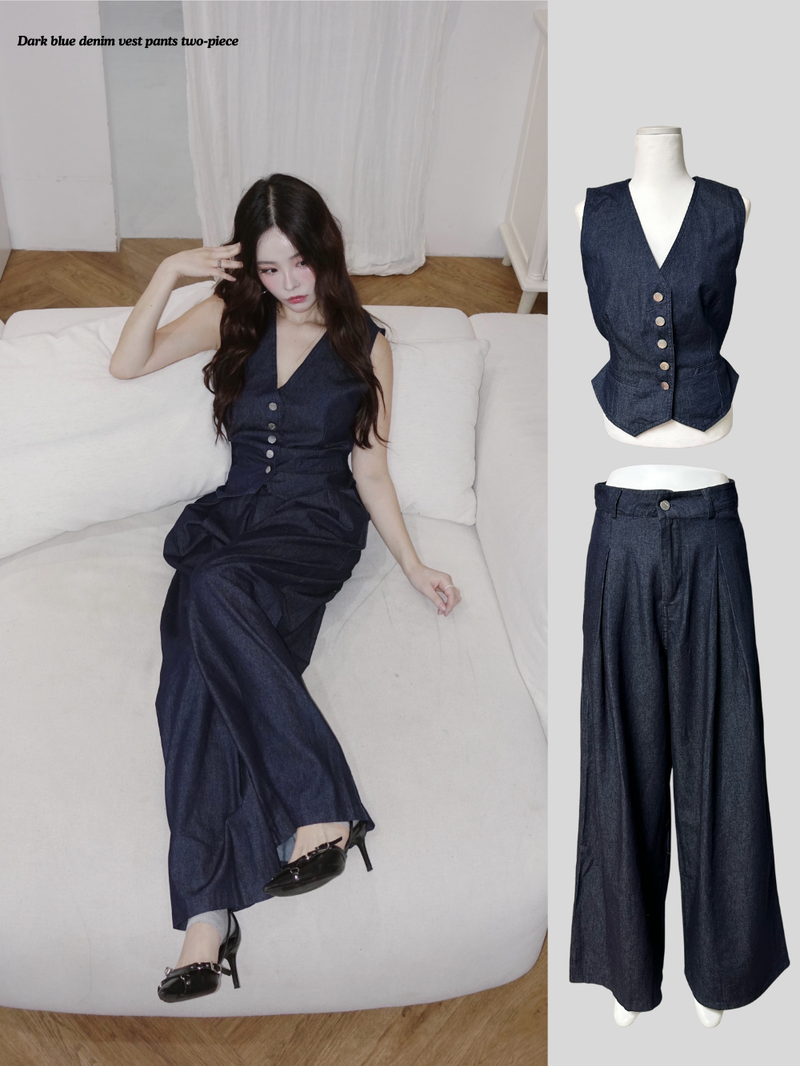 Dark blue denim vest pants two-piece