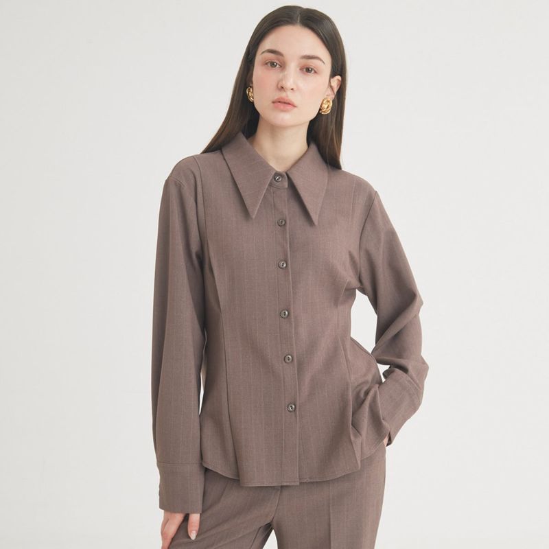 FREIHEIT(フライハイト)の「Wool Stripe Pintuck Shirt (Brown)(Tops)」