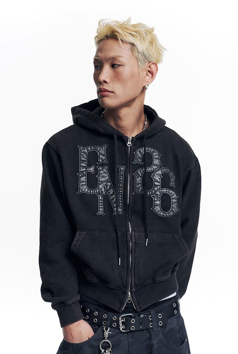 Washed Leather Patch Hooded Zip-Up - Black