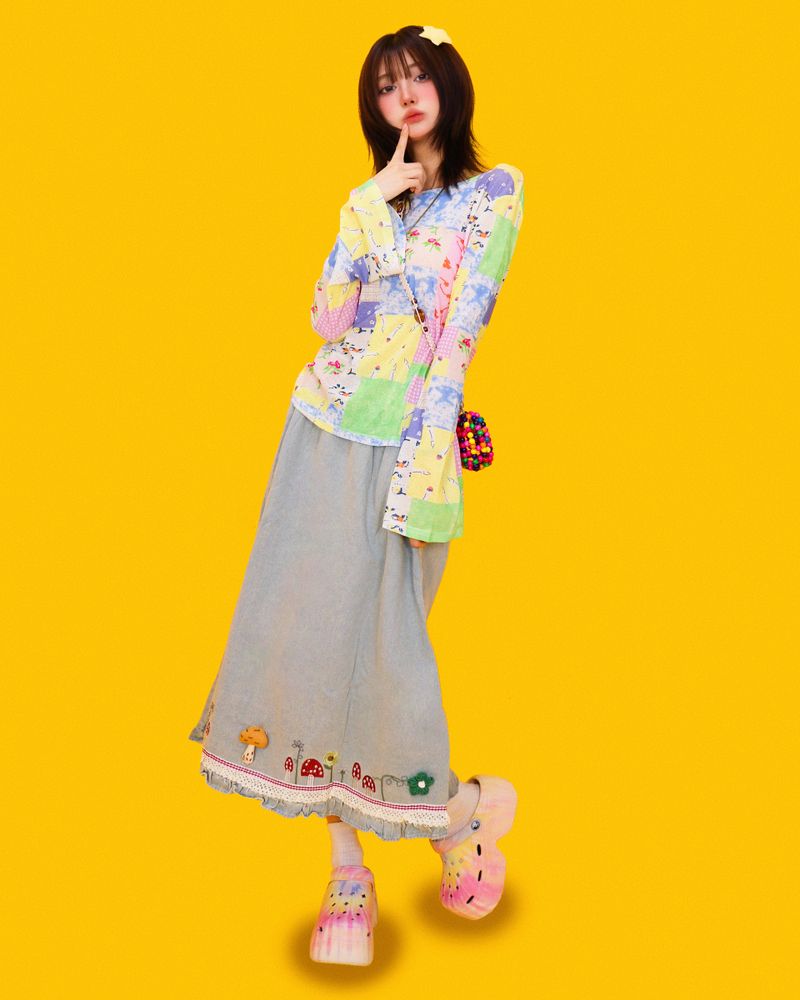 mushroom denim long skirt (2color)