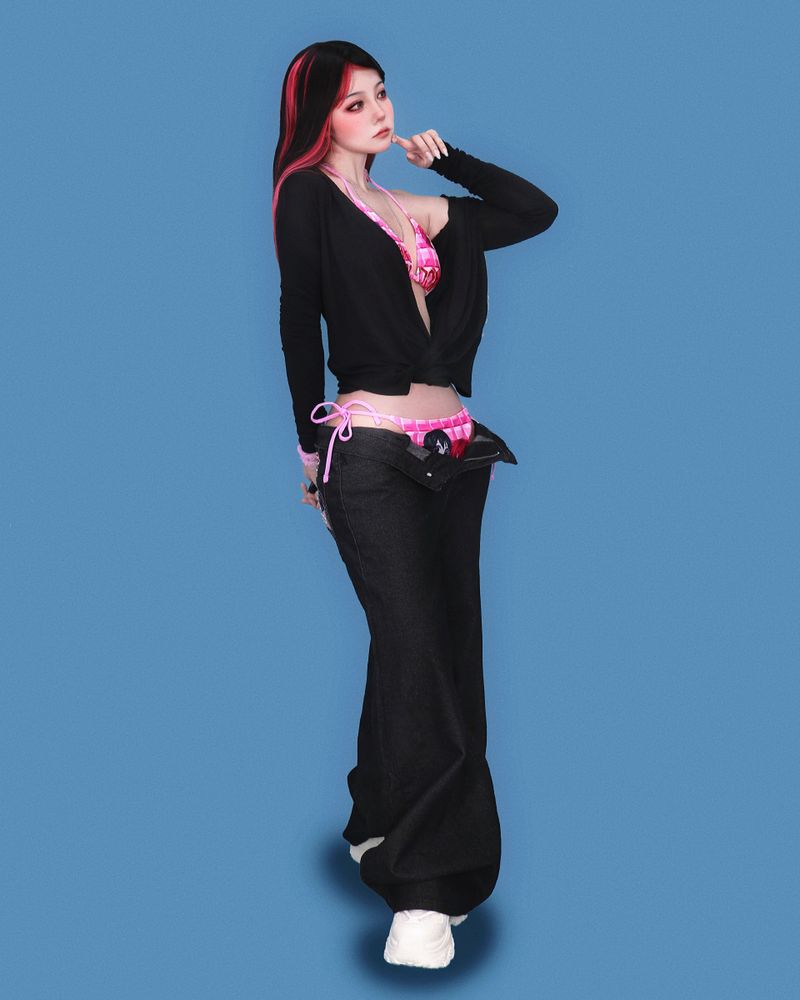 pink stone black denim pants