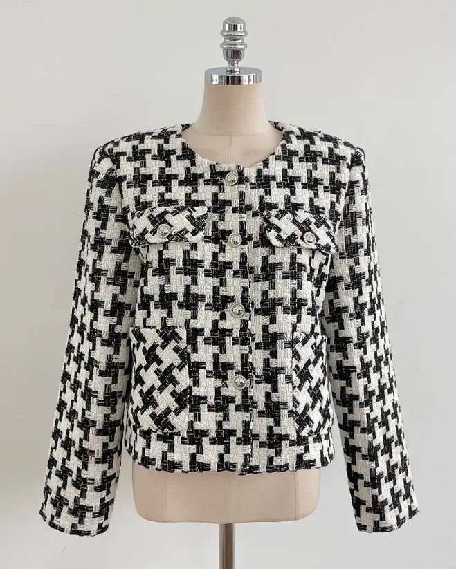 Carson Round-Neck Check Tweed Jacket