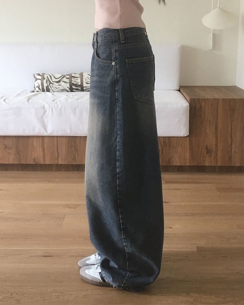 Canv balloon wide washed denim pants