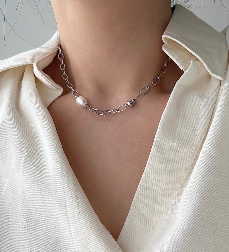 dpps Freshwater Pearl Bold Chain Ball Stainless Steel Titanium Layered Guest Necklace