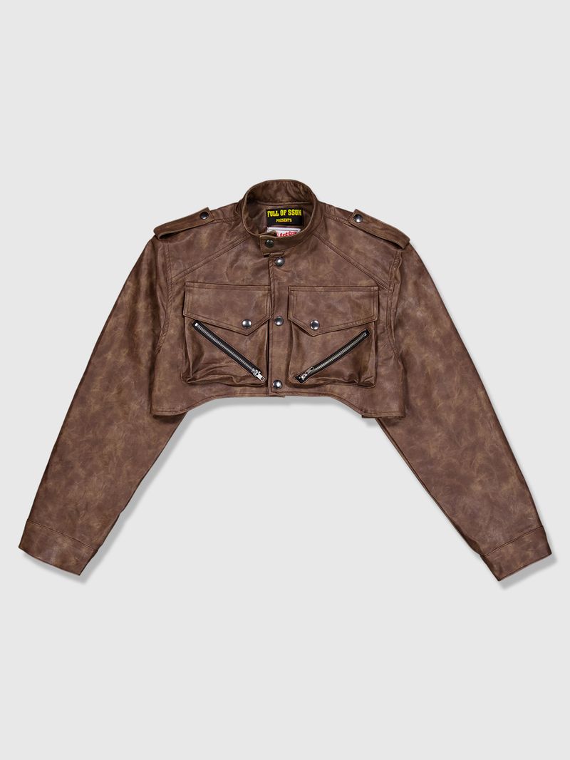 Leather Crop Cargo Jacket (Brown)