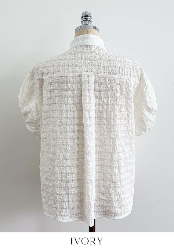 Kusha Collar Balloon Sleeves Seersucker Blouse