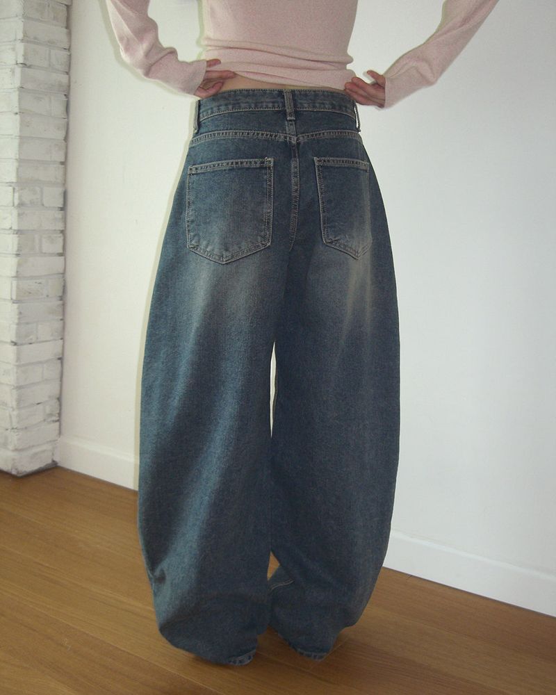 Canv balloon wide washed denim pants