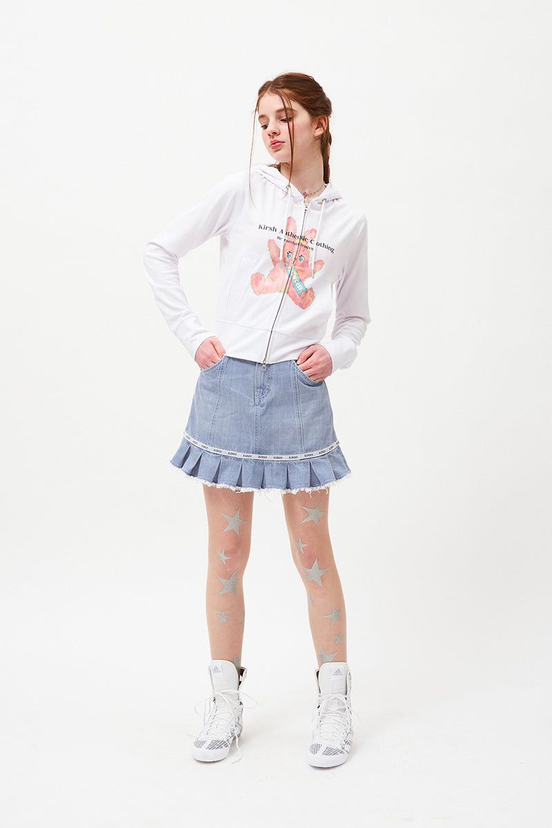 WITTY BUNNY SPLIT GRAPHIC CROP HOODIE ZIP UP [WHITE]