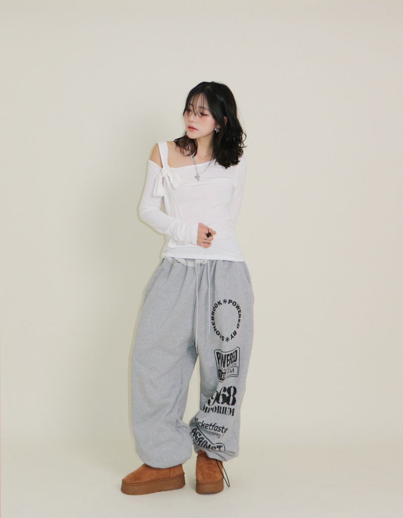 (Napping T-shirt) Euren One Shoulder Ribbon Tie Long-Sleeved Warmer T-Shirt