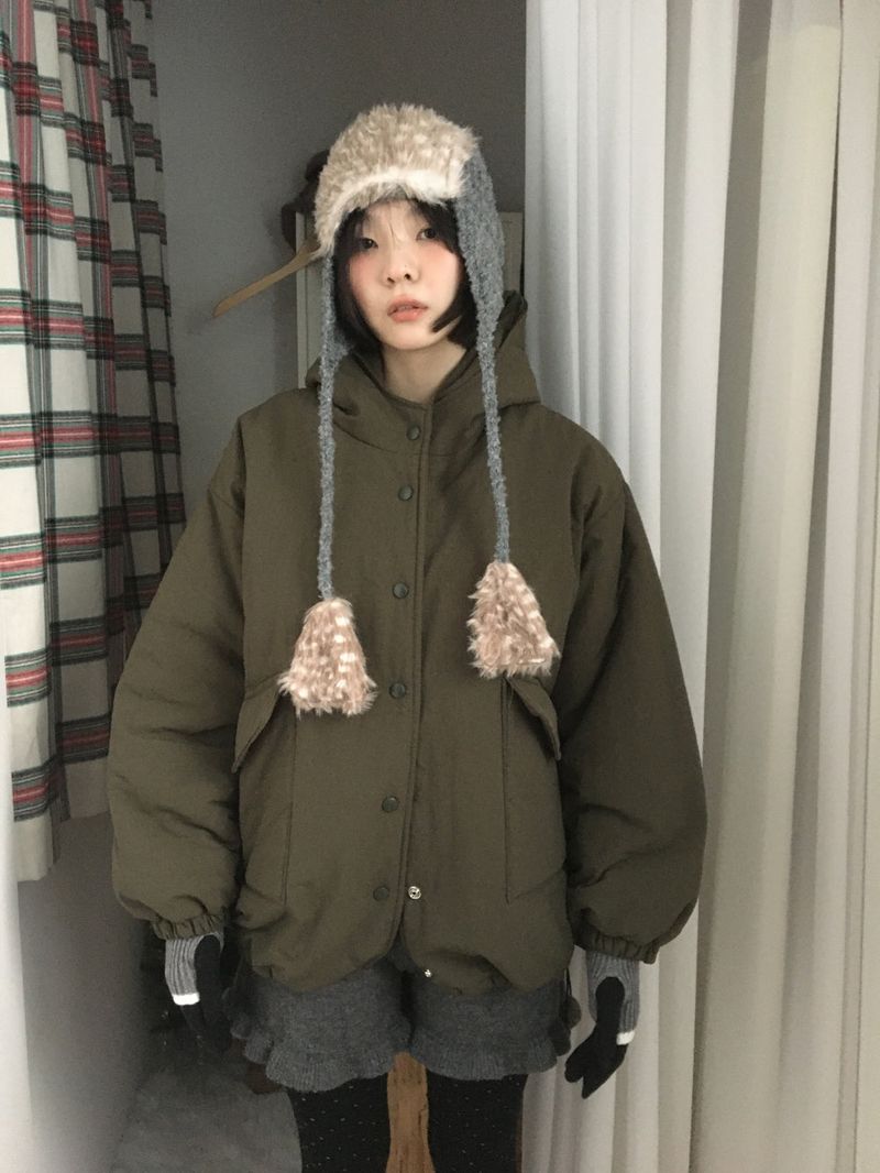 Matte Snap Hooded Padded Jacket (2 Colors)