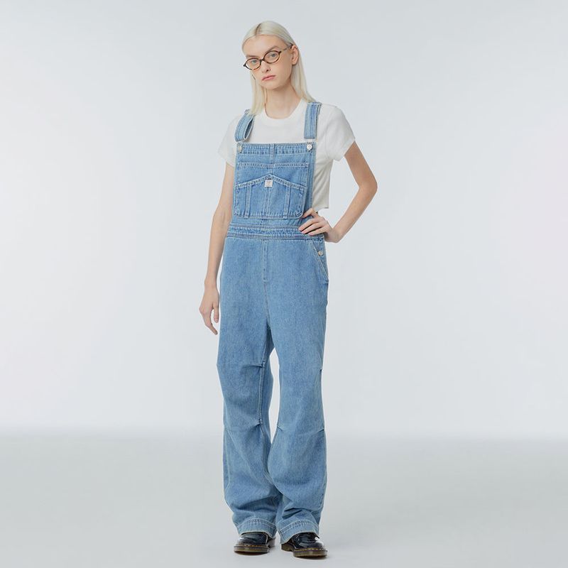 Pleated wide-leg denim jumpsuit