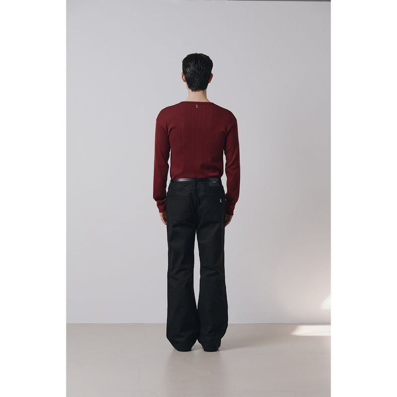 Leather ribbed henry neck long sleeves(Burgundy)