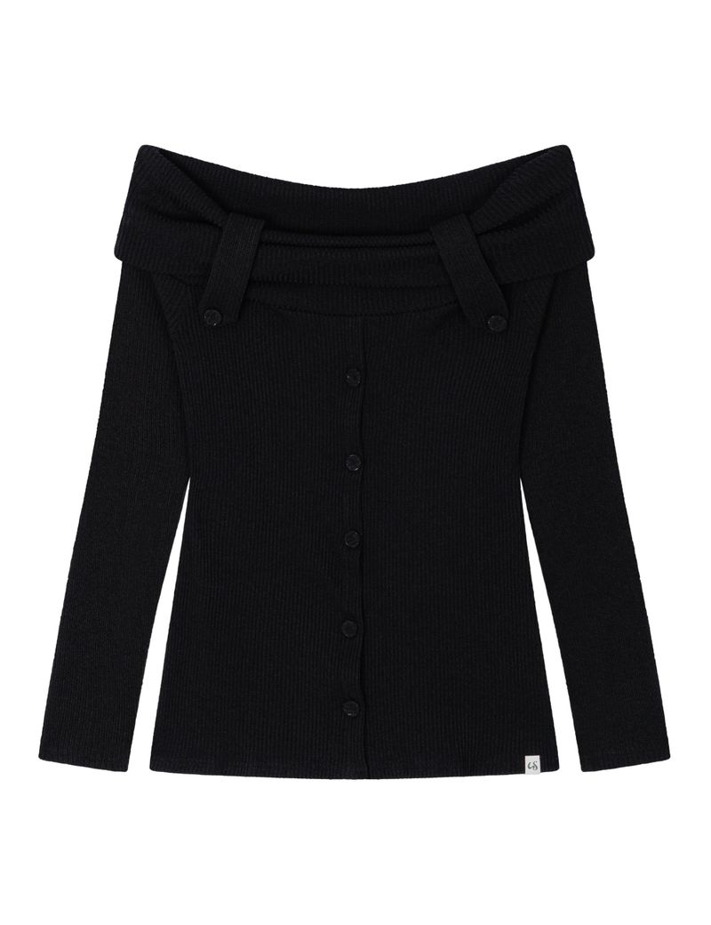 BUTTON OFF-SHOULDER KNIT(BLACK)