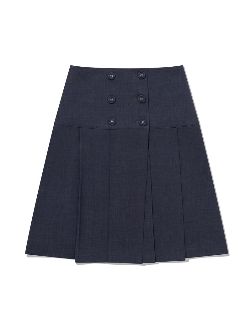 BUTTON DOUBLE PLEATED MIDI SKIRT(NAVY)