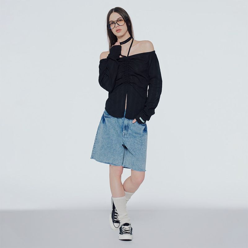 Off-the-shoulder shirred blouse