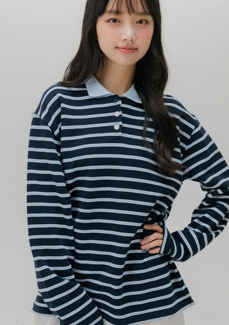 SOFT COLLAR STRIPE T-SHIRT (LIGHT GRAY)